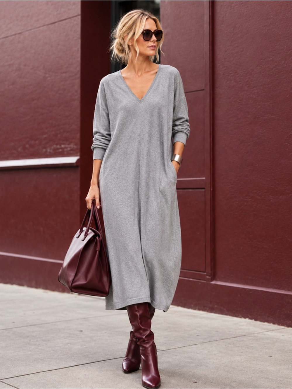 Bryn Walker Gray Siro Rayon Oversized V Neck Long Sleeve Maxi Dress USA XS